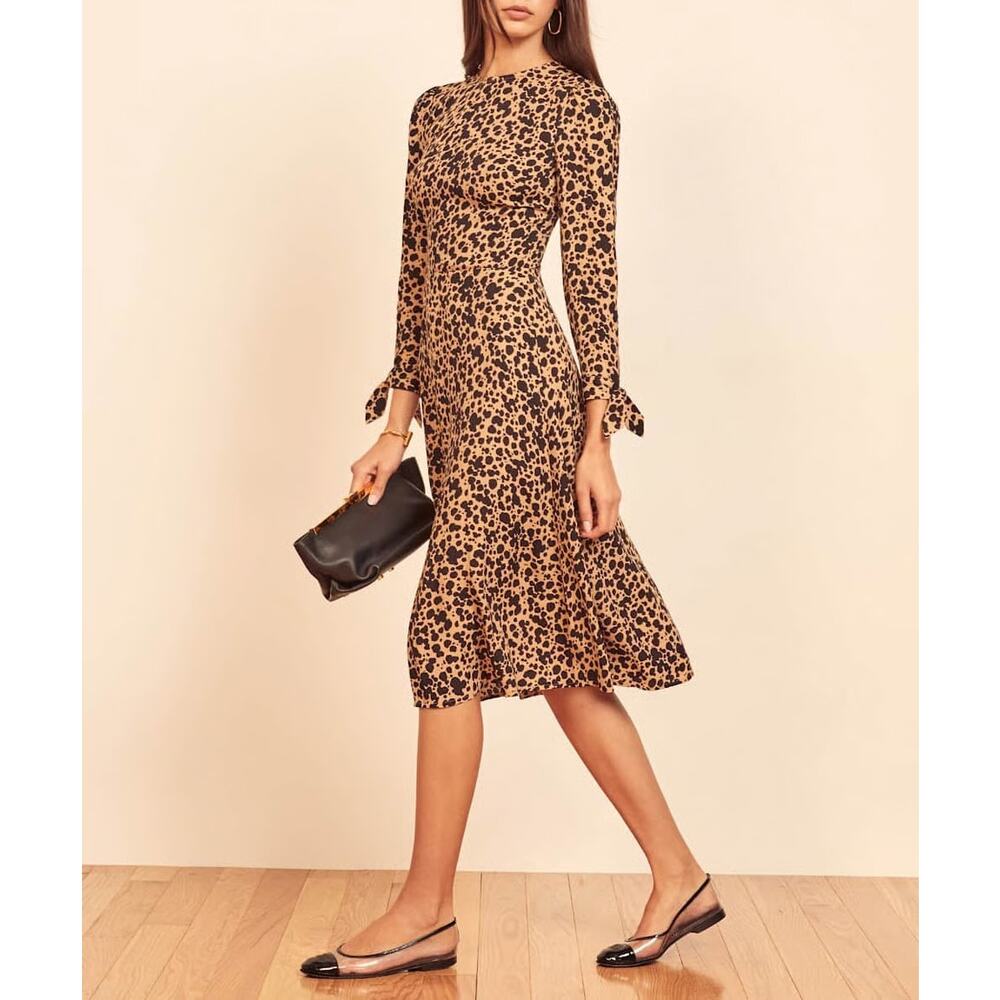 Reformation Port Dress Leopard Animal Print Tie Sleeve Modest Crepe Midi SZ 6